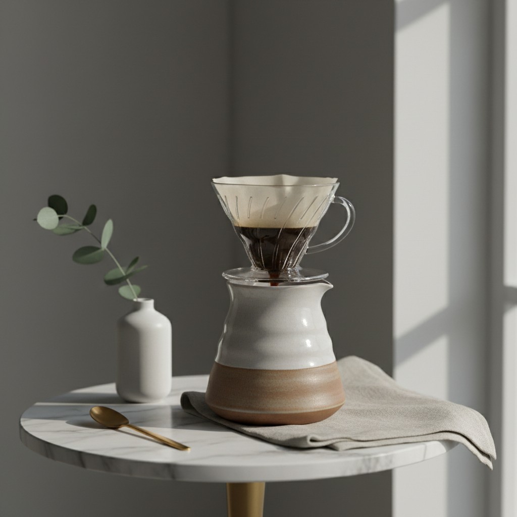 Here is the concise alt text for the image: A glass pour-over coffee maker on a small marble table with a tan napkin and g...
