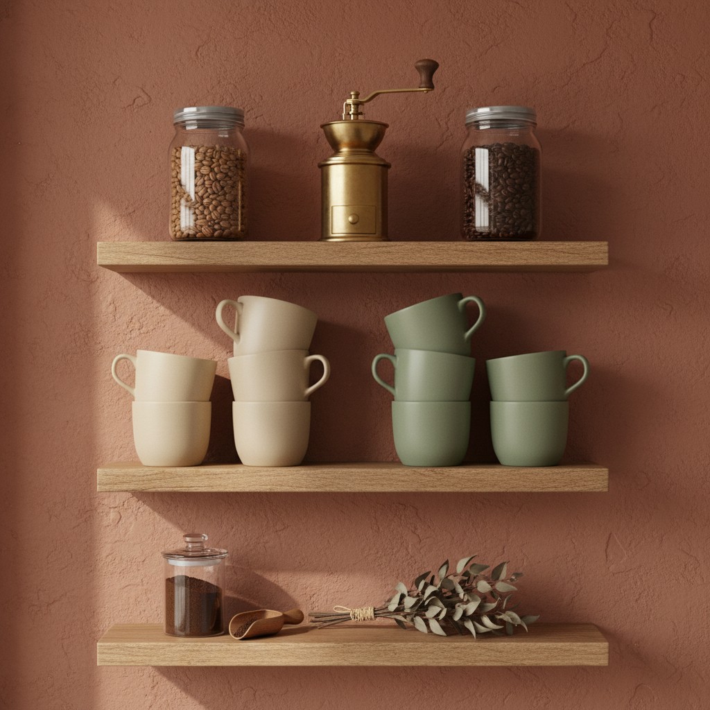 Four wooden shelves stacked above each other on a textured brown wall holding a variety of coffee related items.