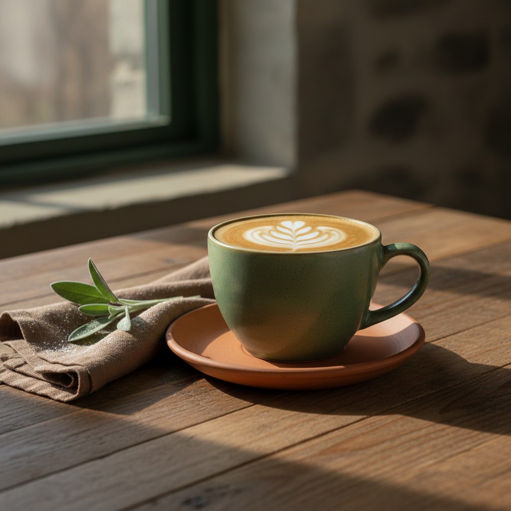 A green coffee mug with a saucer on a wooden table, with a leafy sprig to its left. The mug contains a latte with a heart-...